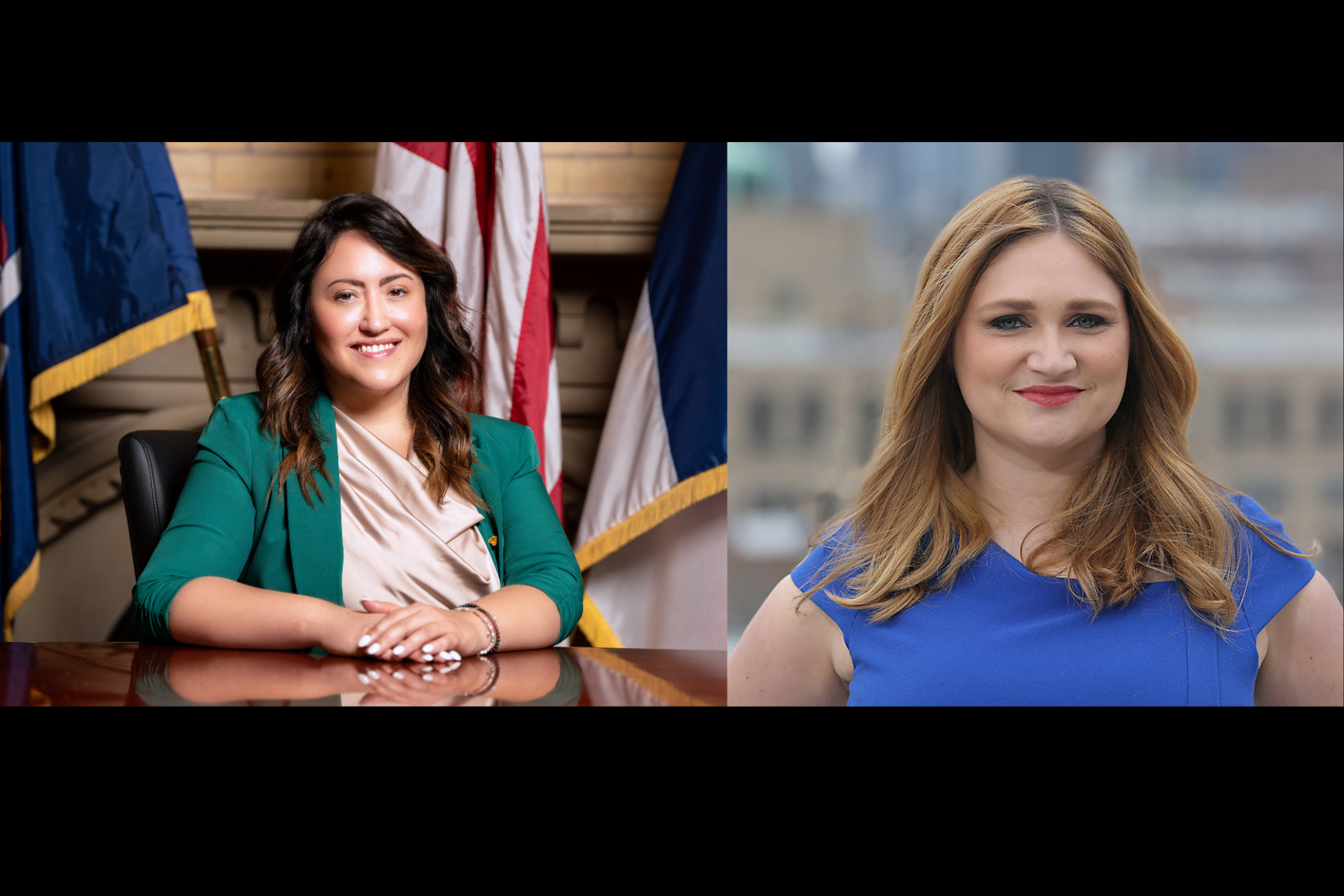 Two women in separate portraits: the woman on the left is seated at a desk with U.S. flags in the background, wearing a green blazer and light blouse; the woman on the right is standing outdoors with a cityscape backdrop, wearing a royal blue dress and smiling